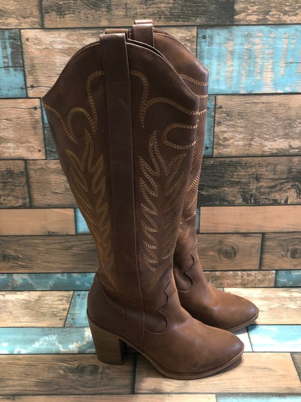 MIA Western Cowgirl Boots Heeled Mid-Calf Brown Faux Leather Women's Size 6